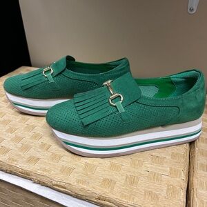 Crown & Ivy Green Loafers with Gold Accent